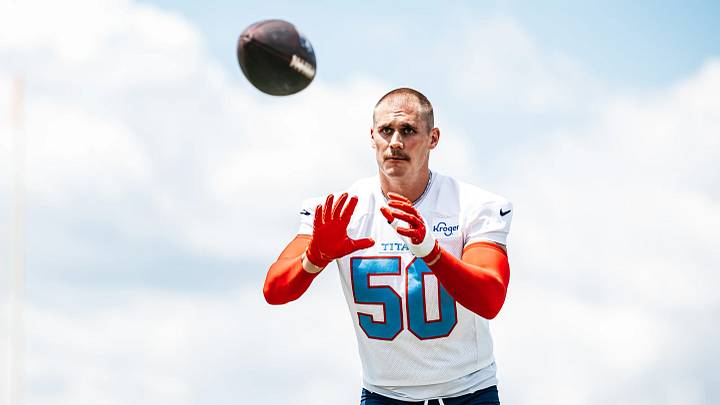 June 16, 2026; Nashville, Tennessee, USA; Linebacker Cody Barton [50] at Tennessee Titans Mandatory Minicamp