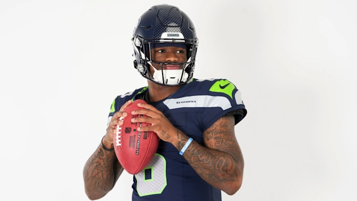 Jalen Milroe (6) in his Seahawks uniform.