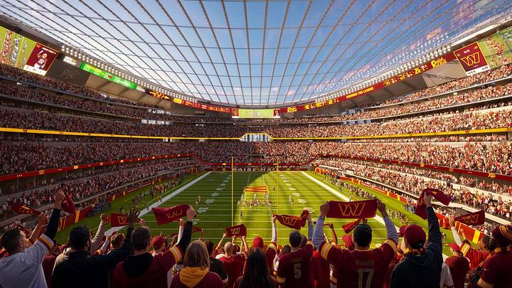 Rendering of the Washington Commanders’ proposed new stadium, featuring the continuous seating bowl, wraparound video displays and roof design intended to recreate the loud, intimate atmosphere of RFK Stadium. Rendering of the Washington Commanders’ proposed new stadium, featuring the continuous seating bowl, wraparound video displays and roof design intended to recreate the loud, intimate atmosphere of RFK Stadium.