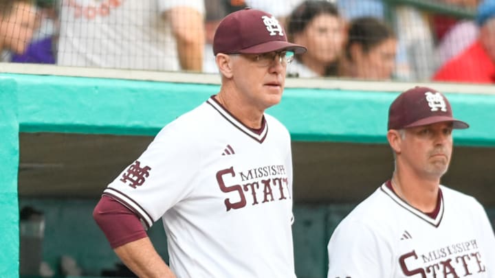 Mississippi State coach Brian O'Connor stands in the dugout at Trustmark Park during the 2026 Governor's Cup.