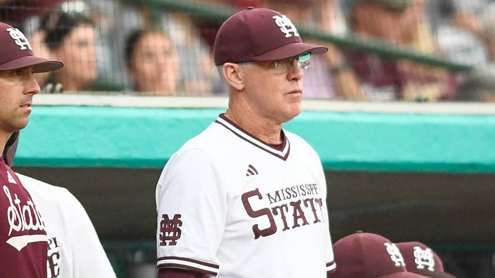 Mississippi State coach Brian O'Connor watches from the dugout during the 2026 Governor's Cup at Trustmark Park in Pearl, Miss.