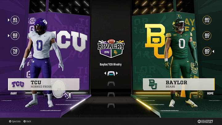 TCU and Baylor meet on the virtual field in KillerFrogs’ first weekly EA SPORTS College Football 27 simulation. Screenshot captured by Michael Bara V / EA SPORTS. TCU and Baylor meet on the virtual field in KillerFrogs’ first weekly EA SPORTS College Football 27 simulation. Screenshot captured by Michael Bara V / EA SPORTS.