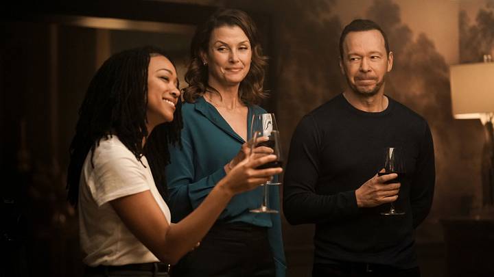 "Pilot" - Boston Blue. Pictured (L-R): Sonequa Martin-Green as Lena Silver, Bridget Moynahan as Erin Reagan Boyle, and Donnie Wahlberg as Danny Reagan Photo: John Medland/CBS ©2025 CBS Broadcasting, Inc. All Rights Reserved.