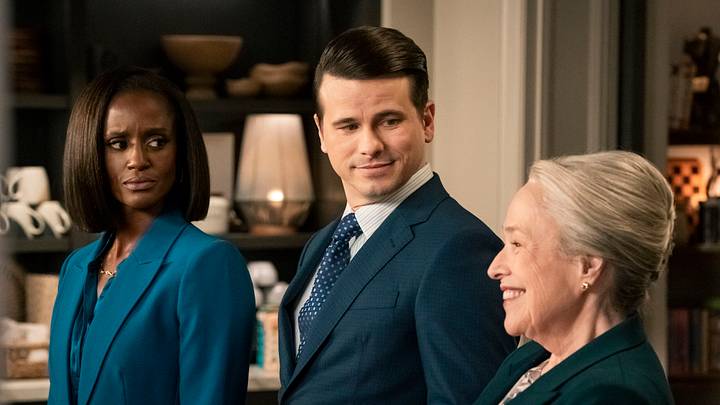 “Matty Matlock” -- CBS Original Series MATLOCK, scheduled to air on Thursday, April 23 (9:01-11:00 PM, ET/PT). Pictured (L-R): Skye P. Marshall as “Olympia Lawrence,” Jason Ritter as “Julian Markston,” and Kathy Bates as “Madeline Matlock.” Photo: Michael Yarish/CBS ©2026 CBS Broadcasting, Inc. All Rights Reserved.