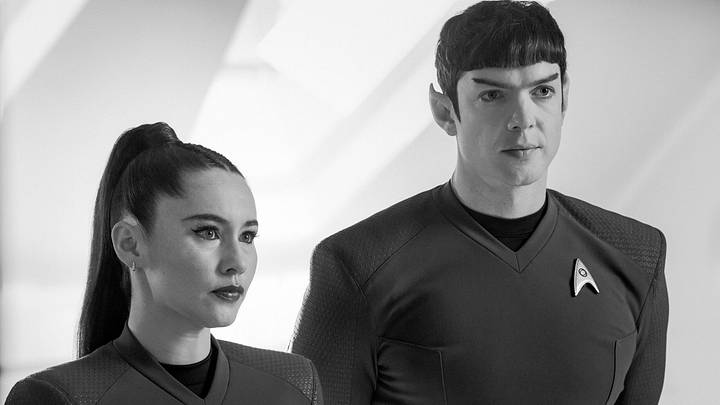 (L-R): Christina Chong as La’an Noonien-Singh and Ethan Peck as Spock in season 4, episode 4, of Star Trek: Strange New Worlds streaming on Paramount+, 2026. 