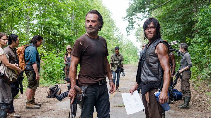 Lauren Cohan as Maggie Greene, Steven Yeun as Glenn Rhee, Josh McDermitt as Dr. Eugene Porter, Christian Serratos as Rosita Espinosa, Andrew Lincoln as Rick Grimes, Sonequa Martin-Green as Sasha, Norman Reedus as Daryl Dixon and Melissa McBride as Carol Peletier - The Walking Dead _ Season 5, Episode 10 - Photo Credit: Gene Page/AMC Lauren Cohan as Maggie Greene, Steven Yeun as Glenn Rhee, Josh McDermitt as Dr. Eugene Porter, Christian Serratos as Rosita Espinosa, Andrew Lincoln as Rick Grimes, Sonequa Martin-Green as Sasha, Norman Reedus as Daryl Dixon and Melissa McBride as Carol Peletier - The Walking Dead _ Season 5, Episode 10 - Photo Credit: Gene Page/AMC