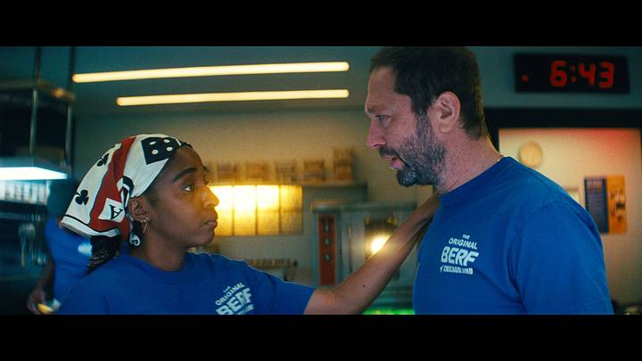 FX's The Bear -- "Focaccia" -- Season 5, Episode 6 -- Pictured: (l-r) Ayo Edebiri as Sydney Adamu, Ebon Moss-Bachrach as Richard "Richie" Jerimovich. CR: FX