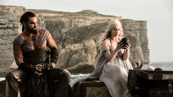 Jason Momoa (Khal Drogo) and Emilia Clarke (Daenerys Targaryen) in Game of Thrones season 1. Courtesy of HBO. Jason Momoa (Khal Drogo) and Emilia Clarke (Daenerys Targaryen) in Game of Thrones season 1. Courtesy of HBO.