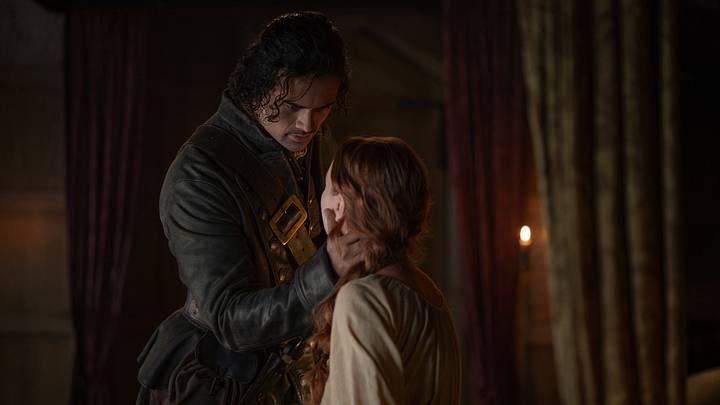 Jamie Roy (“Brian Fraser”) and Harriet Slater (“Ellen MacKenzie”) in Outlander: Blood of My Blood.