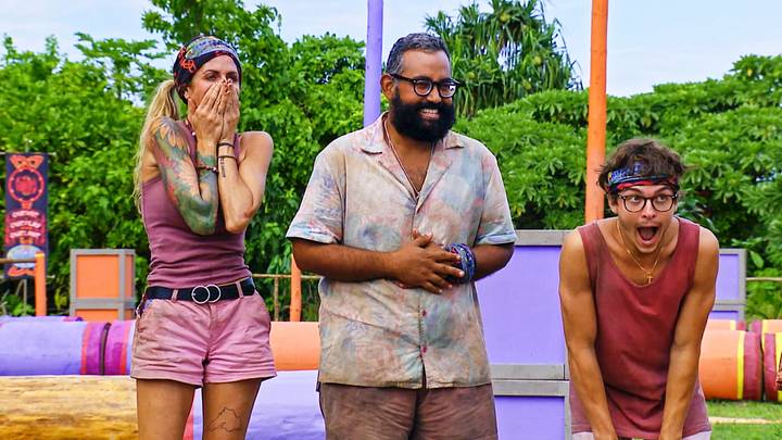 Survivor castaways facing a challenge in the Bed Rot Challenge.