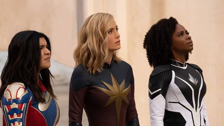 (L-R): Iman Vellani as Ms. Marvel/Kamala Khan, Brie Larson as Captain Marvel/Carol Danvers, and Teyonah Parris as Captain Monica Rambeau in Marvel Studios' THE MARVELS. Photo by Laura Radford. © 2023 MARVEL. (L-R): Iman Vellani as Ms. Marvel/Kamala Khan, Brie Larson as Captain Marvel/Carol Danvers, and Teyonah Parris as Captain Monica Rambeau in Marvel Studios' THE MARVELS. Photo by Laura Radford. © 2023 MARVEL.