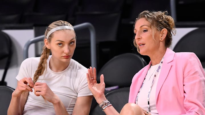 Aug 10, 2025; Los Angeles, California, USA; Los Angeles Sparks forward Cameron Brink (left) with team general manager Raegan Pebley before a WNBA game against the Seattle Storm at Crypto.com Arena. Mandatory Credit: Robert Hanashiro-Imagn Images