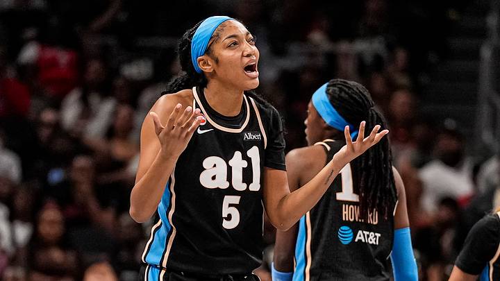 Jun 22, 2026; Atlanta, Georgia, USA; Atlanta Dream forward Angel Reese (5) reacts after a play against the Toronto Tempo during the second half at State Farm Arena. Mandatory Credit: Dale Zanine-Imagn Images