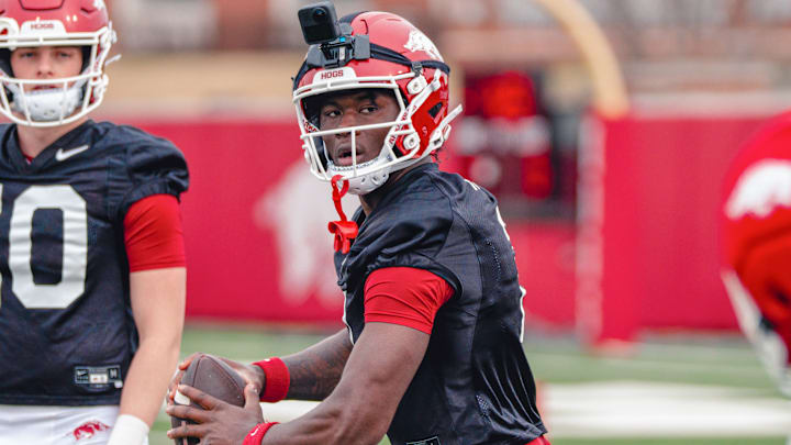Arkansas Razorbacks quarterback AJ Hill during a spring practice. Arkansas Razorbacks quarterback AJ Hill during a spring practice.