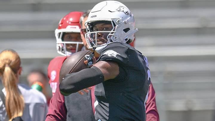 Arkansas Razorbacks quarterback AJ Hill. Arkansas Razorbacks quarterback AJ Hill.