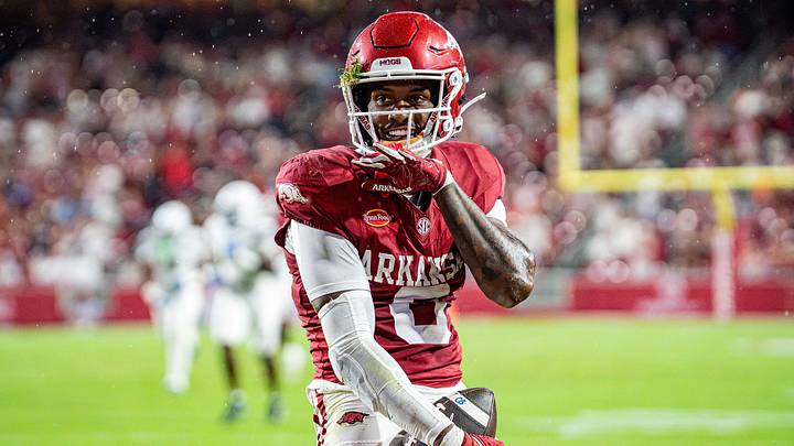 Arkansas Razorbacks wide receiver Chris Marshall celebrates after a first down reception in the first half against Tulsa. Arkansas Razorbacks wide receiver Chris Marshall celebrates after a first down reception in the first half against Tulsa.