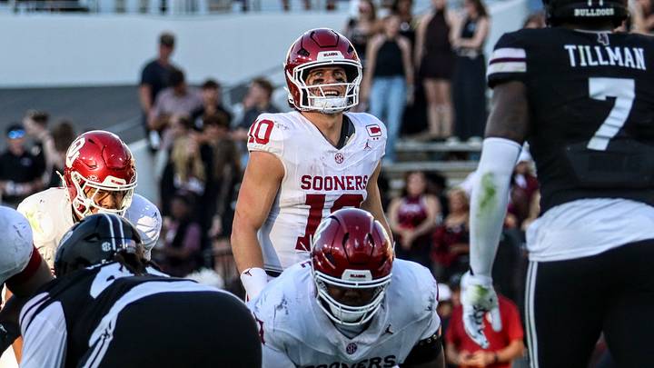 Oklahoma quarterback John Mateer scans the defense before a snap against MSU. Oklahoma quarterback John Mateer scans the defense before a snap against MSU.