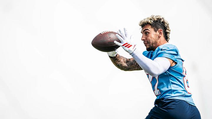 April 27, 2026; Nashville, Tennessee, USA; Wide receiver Xavier Restrepo [87] at Tennessee Titans OTAs