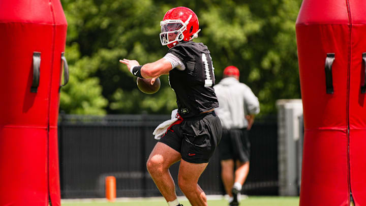 Georgia quarterback Gunner Stockton (14) during Georgia’s practice session in Athens, Ga., on Thursday, July 31, 2025. (Tony Walsh/UGAAA) Georgia quarterback Gunner Stockton (14) during Georgia’s practice session in Athens, Ga., on Thursday, July 31, 2025. (Tony Walsh/UGAAA)