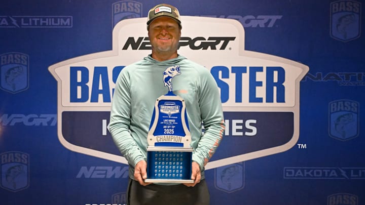 Drew Gregory lifts the Bassmaster Kayak Series champion trophy after his win at 2025 season opening event on Lake Havasu. Drew Gregory lifts the Bassmaster Kayak Series champion trophy after his win at 2025 season opening event on Lake Havasu.