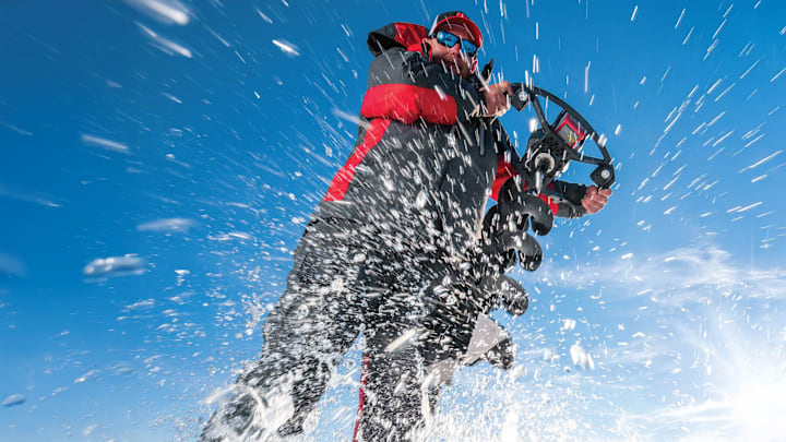 Powerful and light weight—an ice angler carves through thick ice with the StrikeMaster Lithium 24v, sending ice and water flying. Powerful and light weight—an ice angler carves through thick ice with the StrikeMaster Lithium 24v, sending ice and water flying.