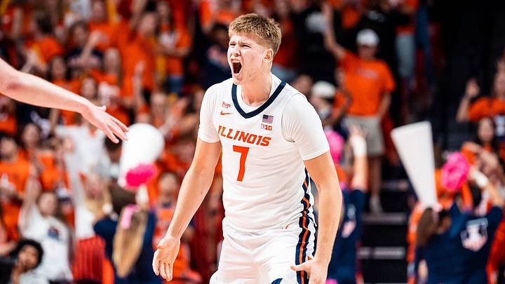 Illinois guard Stefan Vaaks (7) gets fired up after making a play in the Illini's 95-91 loss to Baylor on Friday, Oct. 23, at the State Farm Center in Champaign, Illinois. Illinois guard Stefan Vaaks (7) gets fired up after making a play in the Illini's 95-91 loss to Baylor on Friday, Oct. 23, at the State Farm Center in Champaign, Illinois.