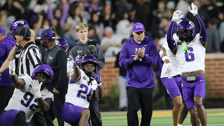 TCU defense celebration after defensive stop during the TCU v Baylor game in Waco TCU defense celebration after defensive stop during the TCU v Baylor game in Waco