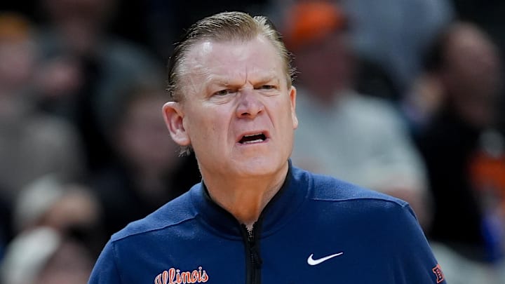 Mar 19, 2026; Greenville, SC, USA; Illinois Fighting Illini head coach Brad Underwood reacts to a play against the Penn Quakers in the first half of a first round game of the men's 2026 NCAA Tournament at Bon Secours Wellness Arena. Mandatory Credit: Jim Dedmon-Imagn Images Mar 19, 2026; Greenville, SC, USA; Illinois Fighting Illini head coach Brad Underwood reacts to a play against the Penn Quakers in the first half of a first round game of the men's 2026 NCAA Tournament at Bon Secours Wellness Arena. Mandatory Credit: Jim Dedmon-Imagn Images