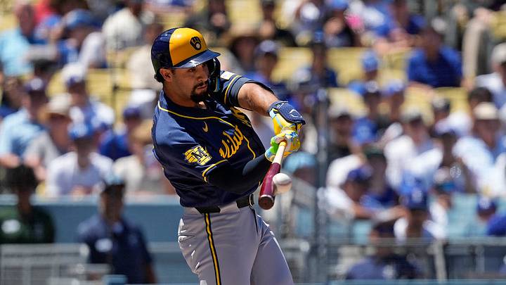 Aug 16, 2026; Los Angeles, California, USA; Milwaukee Brewers shortstop Jonathan Ornelas (13) hits a single against the Los Angeles Dodgers in the first inning at Dodger Stadium. Mandatory Credit: Jon Endow-Imagn Images Aug 16, 2026; Los Angeles, California, USA; Milwaukee Brewers shortstop Jonathan Ornelas (13) hits a single against the Los Angeles Dodgers in the first inning at Dodger Stadium. Mandatory Credit: Jon Endow-Imagn Images