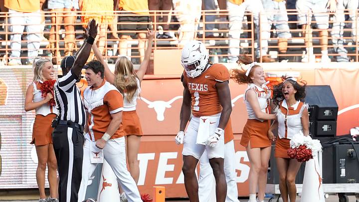  Texas Longhorns wide receiver Ryan Wingo reacts after catching a touchdown pass. Credit: Scott Wachter-Imagn Images