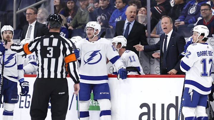 Jan 2, 2024; Winnipeg, Manitoba, CAN; Tampa Bay Lightning head coach Jon Cooper talks about a call