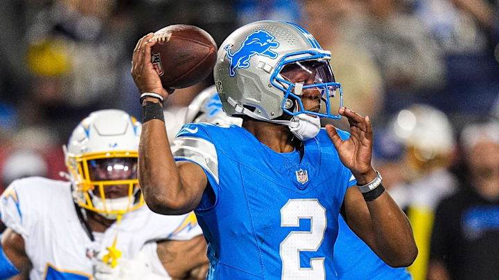 Detroit Lions quarterback Hendon Hooker (2) looks to pass against LA Chargers during the second half of the Hall of Fame Game at Tom Benson Hall of Fame Stadium in Canton, Ohio on Thursday, July 31, 2025.