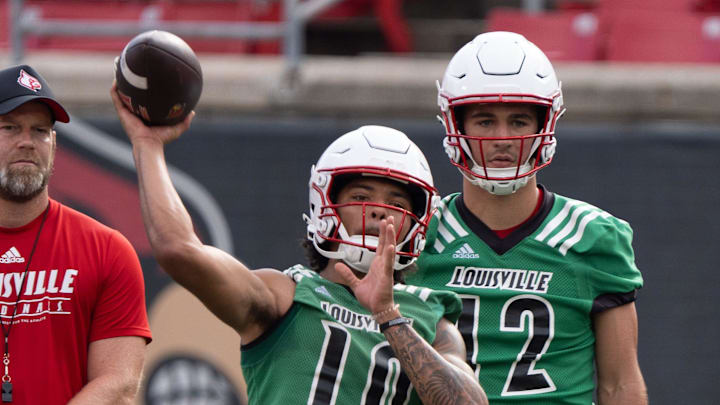 University of Louisville quarterback Pierce Clarkson (10) runs a drill during their second practice on Friday, Aug. 2, 2024 at L&N Federal Credit Union Stadium.