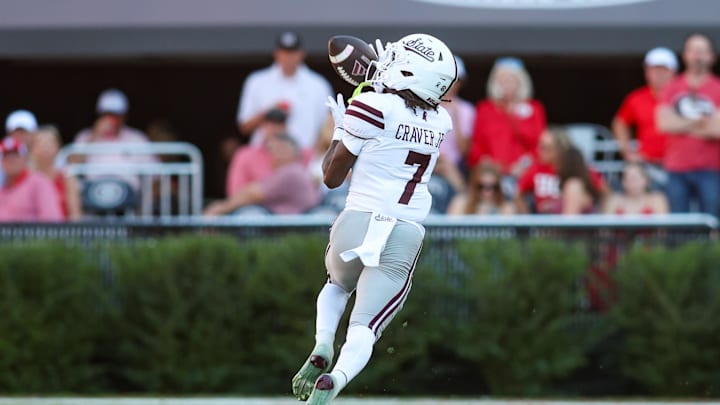 Oct 12, 2024; Athens, Georgia, USA; Mississippi State Bulldogs wide receiver Mario Craver (7) runs after a catch against the Georgia Bulldogs in the second quarter at Sanford Stadium. Mandatory Credit: Brett Davis-Imagn Images