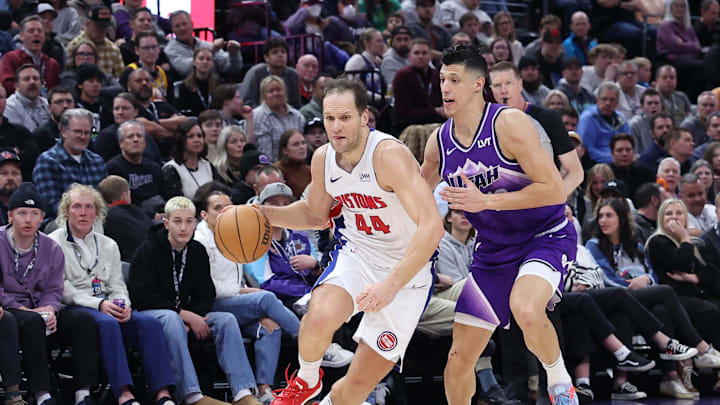 Jan 3, 2024; Salt Lake City, Utah, USA; Detroit Pistons forward Bojan Bogdanovic (44) drives against Utah Jazz forward Simone Fontecchio (16) during the fourth quarter at Delta Center. Mandatory Credit: Rob Gray-USA TODAY Sports Jan 3, 2024; Salt Lake City, Utah, USA; Detroit Pistons forward Bojan Bogdanovic (44) drives against Utah Jazz forward Simone Fontecchio (16) during the fourth quarter at Delta Center. Mandatory Credit: Rob Gray-USA TODAY Sports