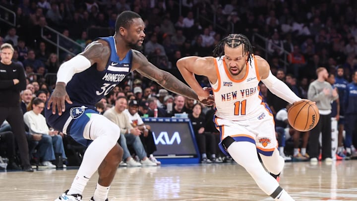 New York Knicks guard Jalen Brunson looks to drive past Minnesota Timberwolves forward Julius Randle. Mandatory Credit: Wendell Cruz-Imagn Images New York Knicks guard Jalen Brunson looks to drive past Minnesota Timberwolves forward Julius Randle. Mandatory Credit: Wendell Cruz-Imagn Images