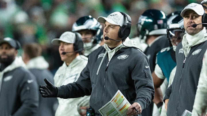 Nov 14, 2024; Philadelphia, Pennsylvania, USA; Philadelphia Eagles offensive coordinator Kellen Moore reacts during the third quarter of a game against the Washington Commanders at Lincoln Financial Field. Mandatory Credit: Bill Streicher-Imagn Images