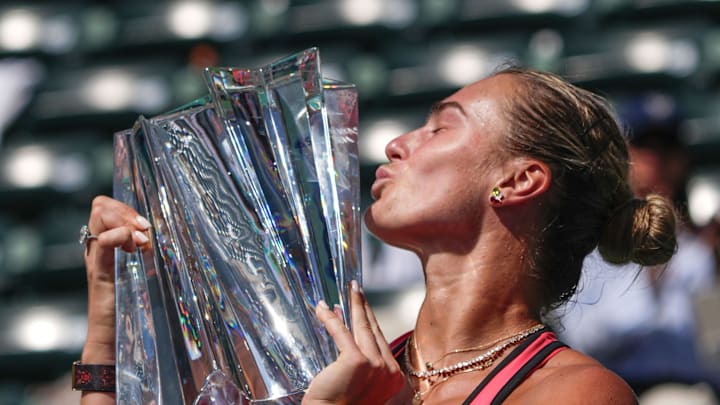 Aryna Sabalenka kisses the BNP Paribas Open championship trophy Aryna Sabalenka kisses the BNP Paribas Open championship trophy