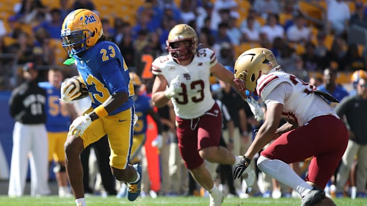 Oct 4, 2025; Pittsburgh, Pennsylvania, USA; Pittsburgh Panthers wide receiver Zion Fowler-El (23) runs to score a touchdown against the Boston College Eagles during the third quarter at Acrisure Stadium. Mandatory Credit: Charles LeClaire-Imagn Images Oct 4, 2025; Pittsburgh, Pennsylvania, USA; Pittsburgh Panthers wide receiver Zion Fowler-El (23) runs to score a touchdown against the Boston College Eagles during the third quarter at Acrisure Stadium. Mandatory Credit: Charles LeClaire-Imagn Images