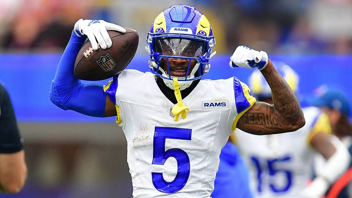 Los Angeles Rams wide receiver Tutu Atwell (5) reacts after catching a pass against the San Francisco 49ers during the first half at SoFi Stadium during the 2023 season. Los Angeles Rams wide receiver Tutu Atwell (5) reacts after catching a pass against the San Francisco 49ers during the first half at SoFi Stadium during the 2023 season.