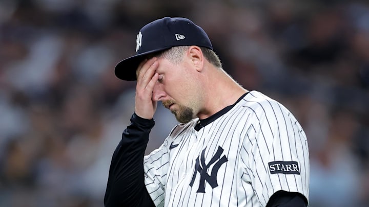 Sep 26, 2025; Bronx, New York, USA; New York Yankees relief pitcher Mark Leiter Jr. (56) reacts during the sixth inning against the Baltimore Orioles at Yankee Stadium. Mandatory Credit: Brad Penner-Imagn Images Sep 26, 2025; Bronx, New York, USA; New York Yankees relief pitcher Mark Leiter Jr. (56) reacts during the sixth inning against the Baltimore Orioles at Yankee Stadium. Mandatory Credit: Brad Penner-Imagn Images