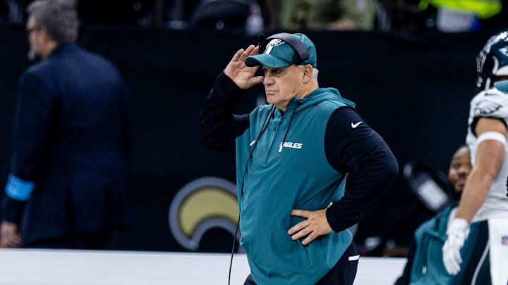 Sep 22, 2024; New Orleans, Louisiana, USA; Philadelphia Eagles defensive coordinator Vic Fangio looks on during the first half against the New Orleans Saints at Caesars Superdome. Mandatory Credit: Stephen Lew-Imagn Images