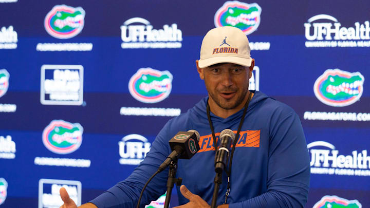Florida head football coach Jon Sumrall speaks during a press conference after spring practice at Sanders Practice Fields in Gainesville, FL on Tuesday, March 24, 2026. [Alan Youngblood/Gainesville Sun]
