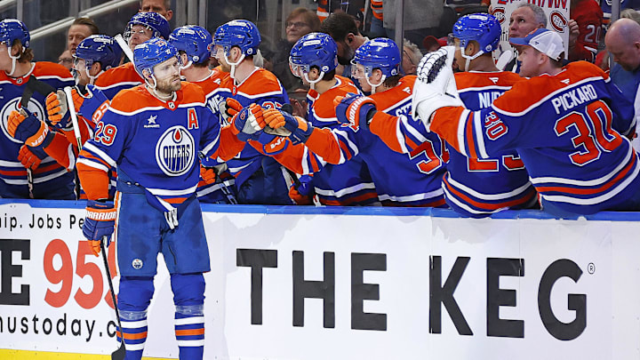 Mar 6, 2025; Edmonton, Alberta, CAN; The Edmonton Oilers celebrate a goal scored by forward Leon Draisaitl (29) during the second period against the Montreal Canadiens at Rogers Place. Mandatory Credit: Perry Nelson-Imagn Images