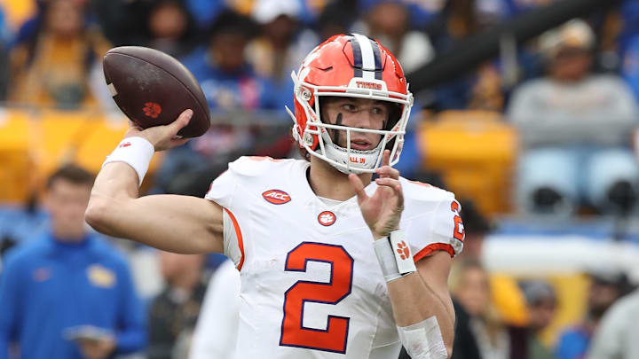 Nov 16, 2024; Pittsburgh, Pennsylvania, USA; Clemson Tigers quarterback Cade Klubnik (2) passes against the Pittsburgh Panthers during the second quarter at Acrisure Stadium. Mandatory Credit: Charles LeClaire-Imagn Images