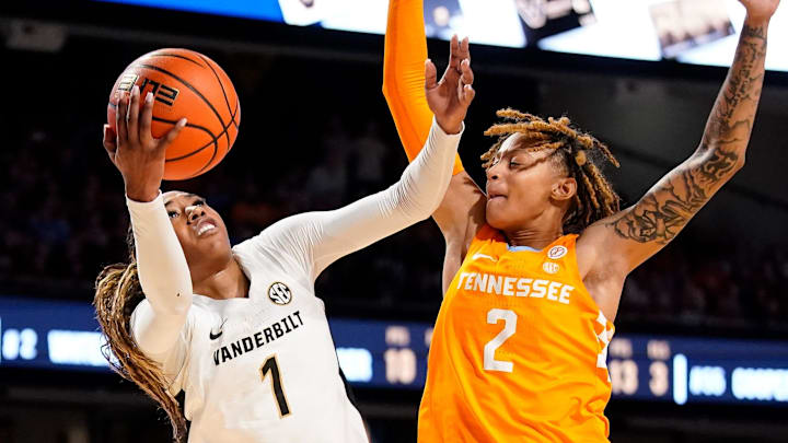 Vanderbilt guard Mikayla Blakes (1) tries to shoot past Tennessee guard Ruby Whitehorn (2) during the fourth quarter at Memorial Gym in Nashville, Tenn., Sunday, Jan. 19, 2025. Vanderbilt guard Mikayla Blakes (1) tries to shoot past Tennessee guard Ruby Whitehorn (2) during the fourth quarter at Memorial Gym in Nashville, Tenn., Sunday, Jan. 19, 2025.
