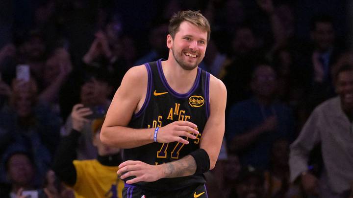 Mar 31, 2026; Los Angeles, California, USA; Los Angeles Lakers guard Luka Doncic (77) smiles after a dunk in the final minutes of the game against the Cleveland Cavaliers at Crypto.com Arena. Mandatory Credit: Jayne Kamin-Oncea-Imagn Images Mar 31, 2026; Los Angeles, California, USA; Los Angeles Lakers guard Luka Doncic (77) smiles after a dunk in the final minutes of the game against the Cleveland Cavaliers at Crypto.com Arena. Mandatory Credit: Jayne Kamin-Oncea-Imagn Images