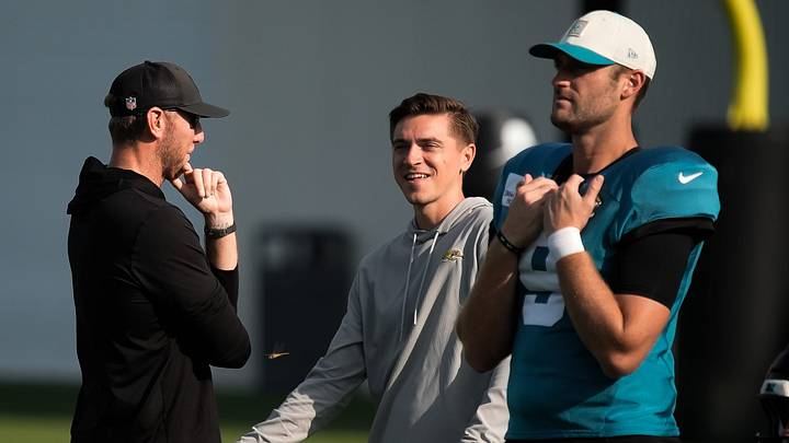 Jacksonville Jaguars Head Coach Liam Coen and Jacksonville Jaguars General Manager James Gladstone talk on the field during the Jacksonville Jaguars 14th session of NFL Training Camp at the Miller Electric Center in Jacksonville, Fla., Monday, August 17, 2026.    [Doug Engle/Florida Times-Union]
