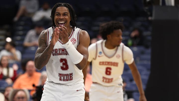 Alabama Crimson Tide guard Latrell Wrightsell Jr. (3) celebrates after a play against the Texas Tech Red Raiders in the second half during a second round game of the men's 2026 NCAA Tournament at Benchmark International Arena. Alabama Crimson Tide guard Latrell Wrightsell Jr. (3) celebrates after a play against the Texas Tech Red Raiders in the second half during a second round game of the men's 2026 NCAA Tournament at Benchmark International Arena.