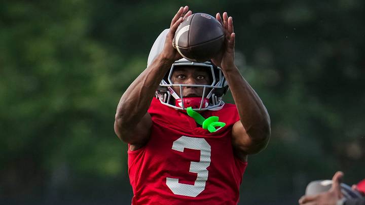 Ohio State Buckeyes wide receiver Devin McCuin (3) makes a catch during the first practice of training camp at the Woody Hayes Athletic Center in Columbus on Aug. 6, 2026. Ohio State Buckeyes wide receiver Devin McCuin (3) makes a catch during the first practice of training camp at the Woody Hayes Athletic Center in Columbus on Aug. 6, 2026.